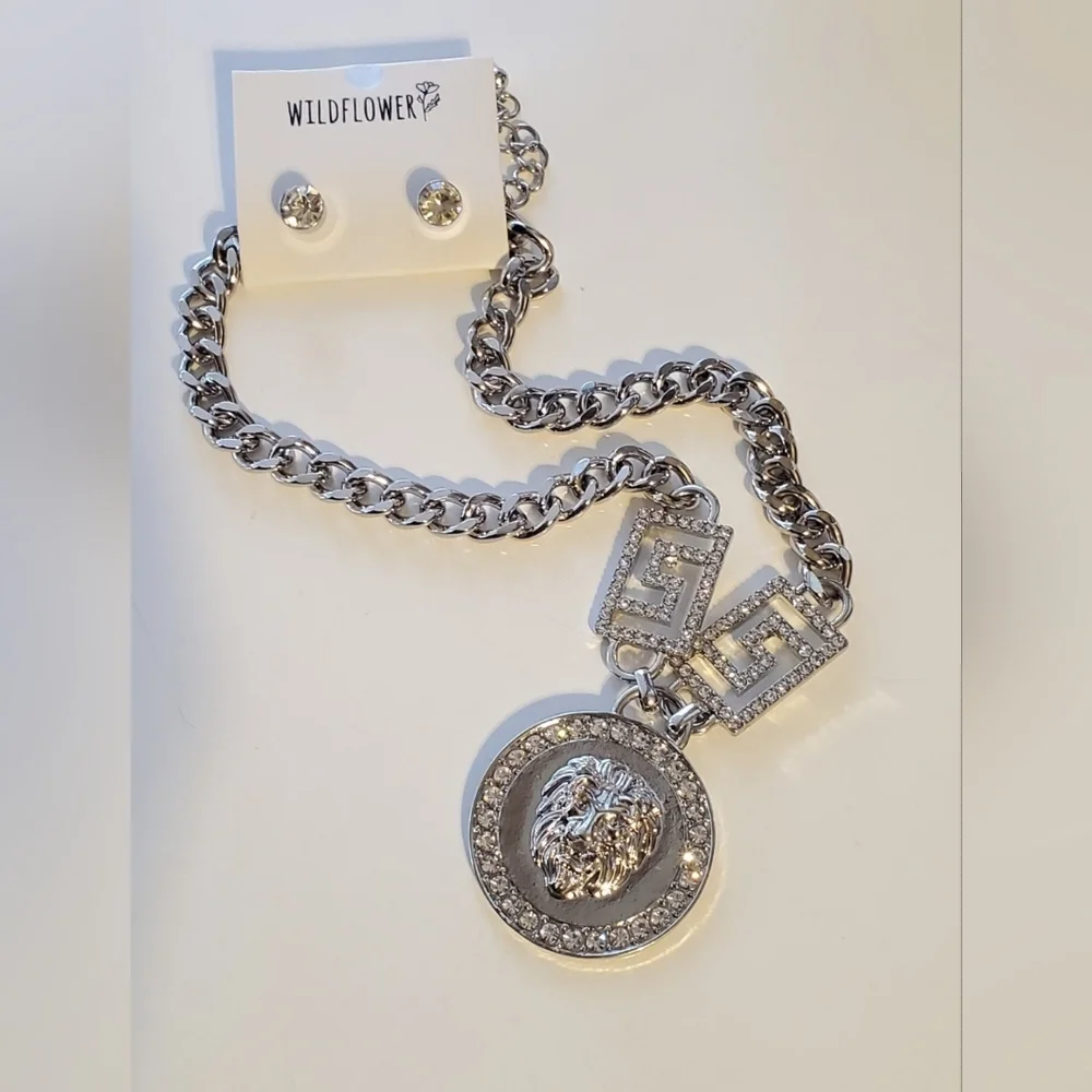 Greek Key Lion Head Necklace with Rhinestones